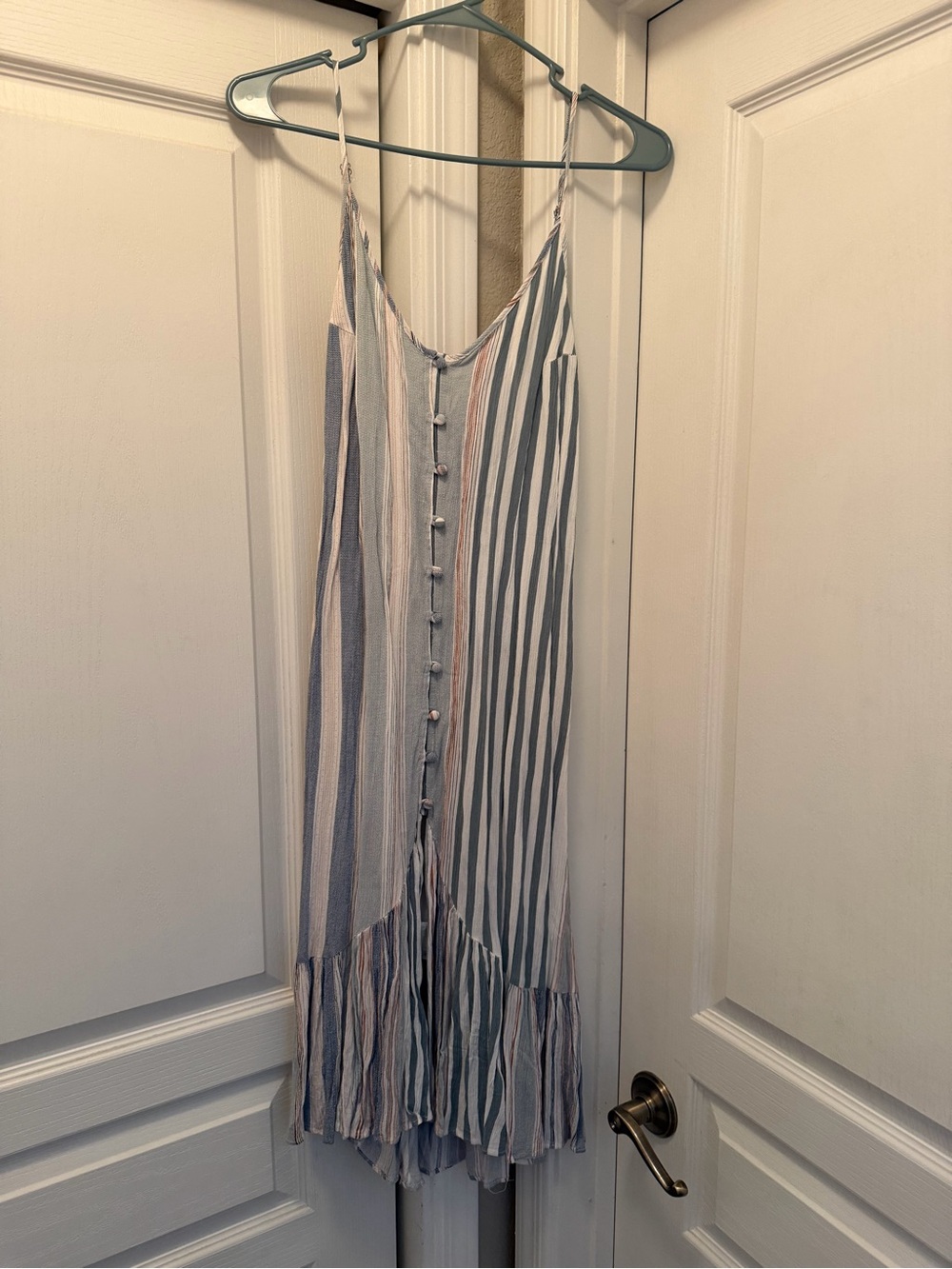 Lulu's Striped Button-Front Mini Dress in Blue and Cream with Pink Accent